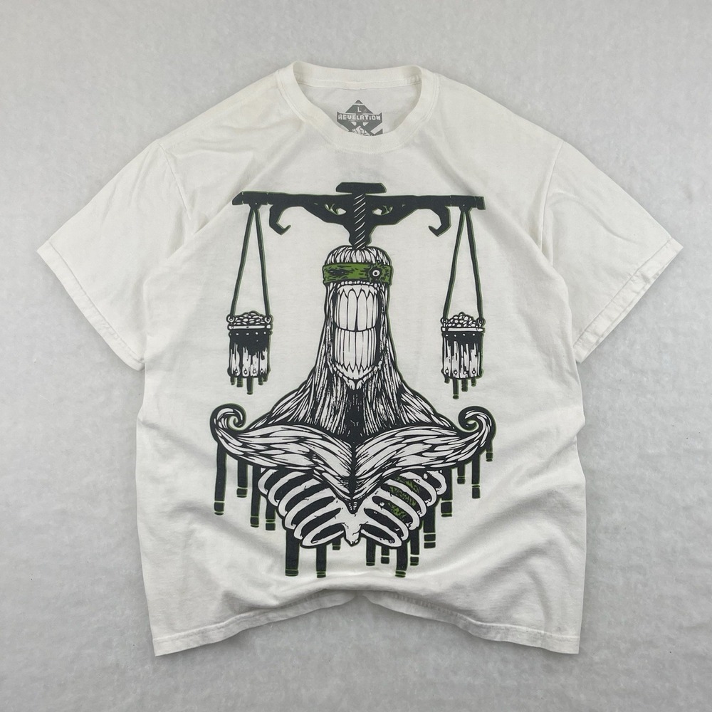 Revelation Tshirt Men's Large Skeleton Scale Balance Y2K Grunge Graphic - Picture 2 of 5